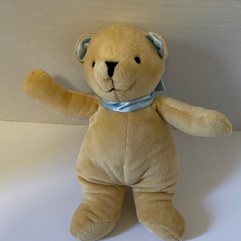 8” Tan Teddy Bear Blue Ribbon Rattle Sound